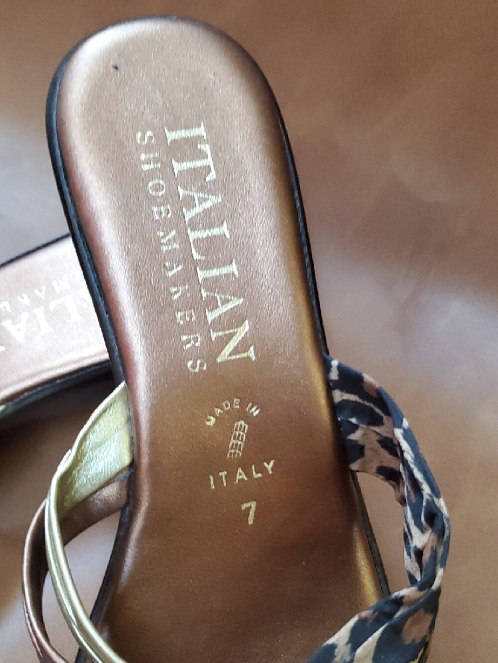 Womens Size 7 Italian Shoemakers Bronze Heeled Slides with Leopard-Print Straps - Picture 2 of 7